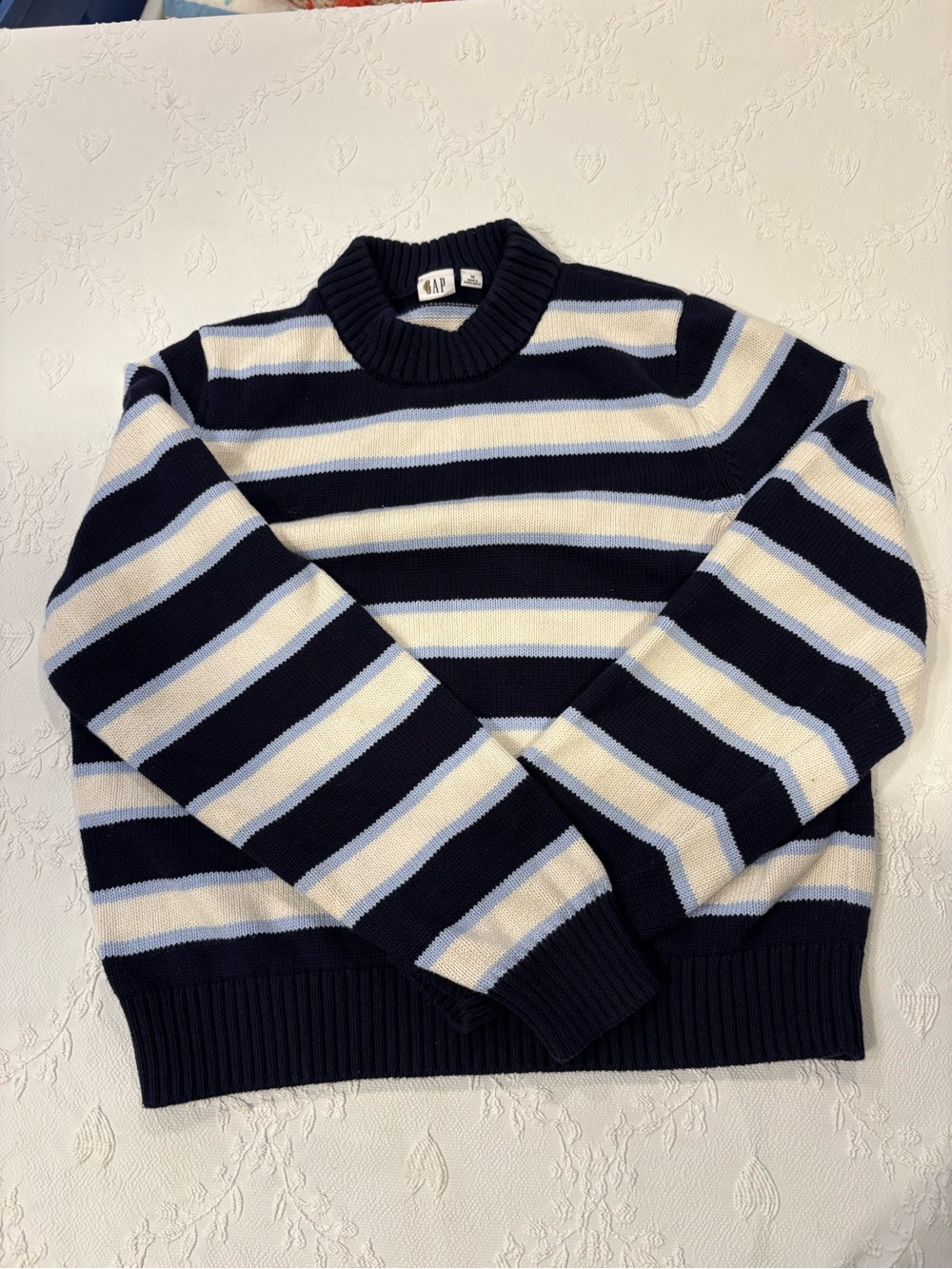 GAP Navy, Cream & Light Blue Striped Crewneck Sweater